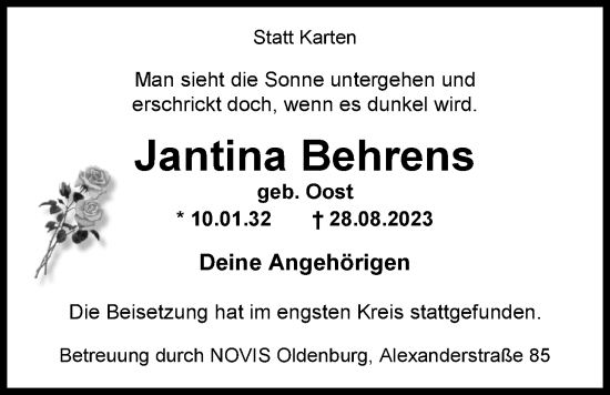 Traueranzeige von Jantina Behrens von Nordwest-Zeitung