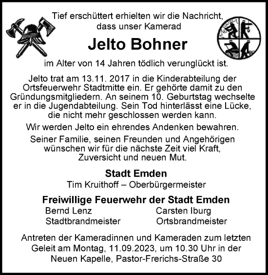 Traueranzeige von Jelto Bohner von Emder Zeitung