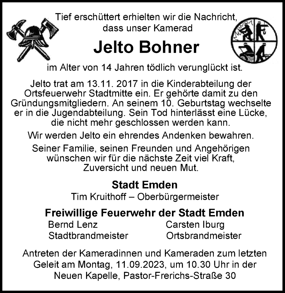  Traueranzeige für Jelto Bohner vom 08.09.2023 aus Emder Zeitung