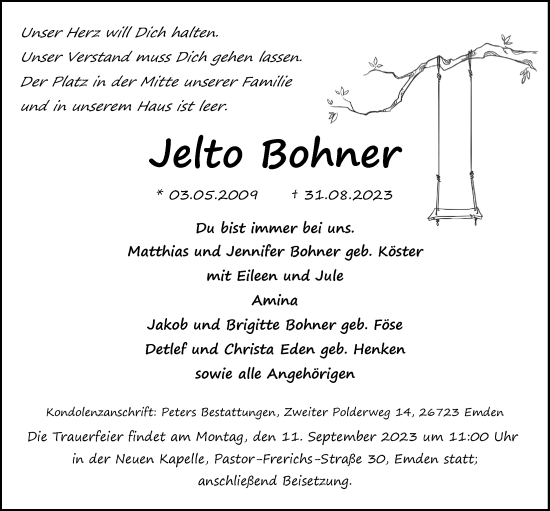 Traueranzeige von Jelto Bohner von Emder Zeitung