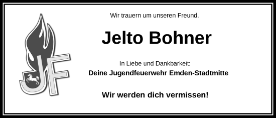 Traueranzeige von Jelto Bohner von Emder Zeitung