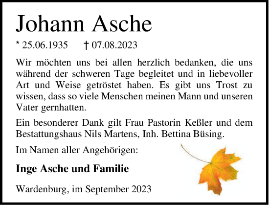 Traueranzeige von Johann Asche von Nordwest-Zeitung