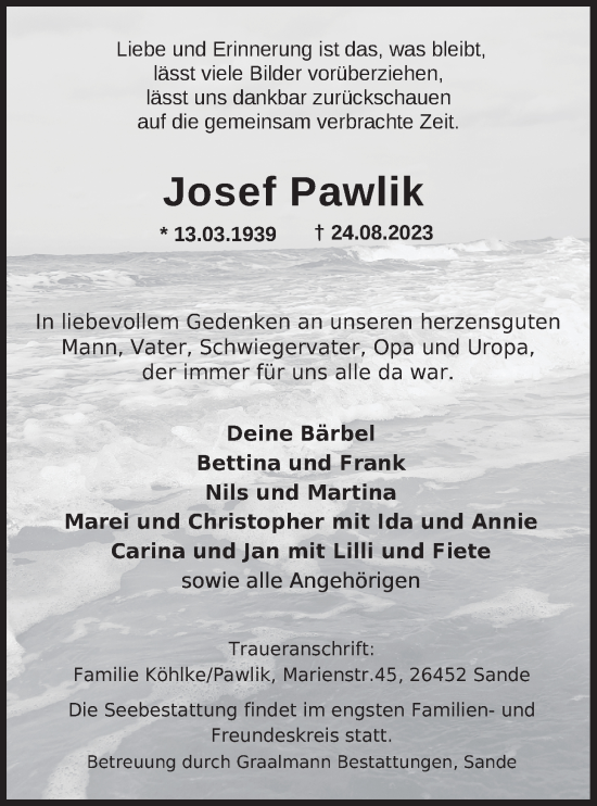 Traueranzeige von Josef Pawlik von WZ/JW/AH