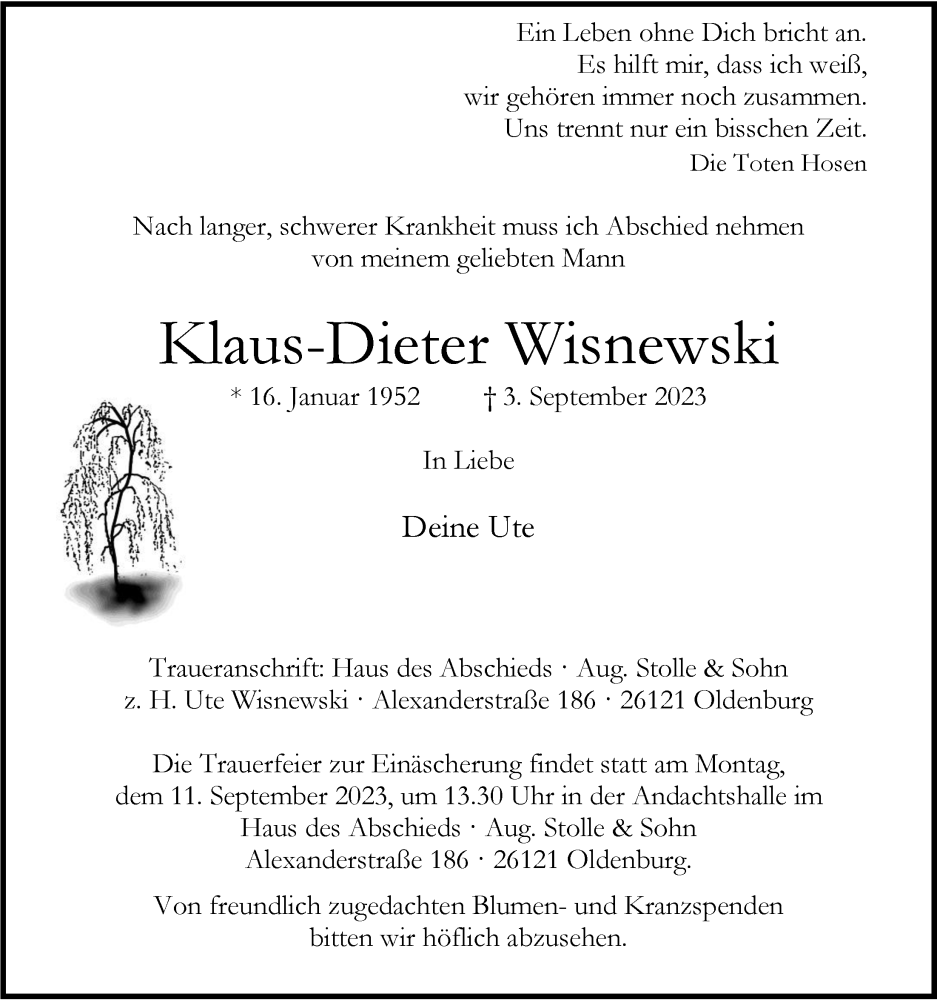  Traueranzeige für Klaus-Dieter Wisnewski vom 06.09.2023 aus Nordwest-Zeitung