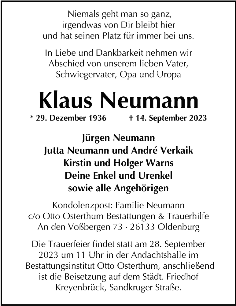  Traueranzeige für Klaus Neumann vom 23.09.2023 aus Nordwest-Zeitung