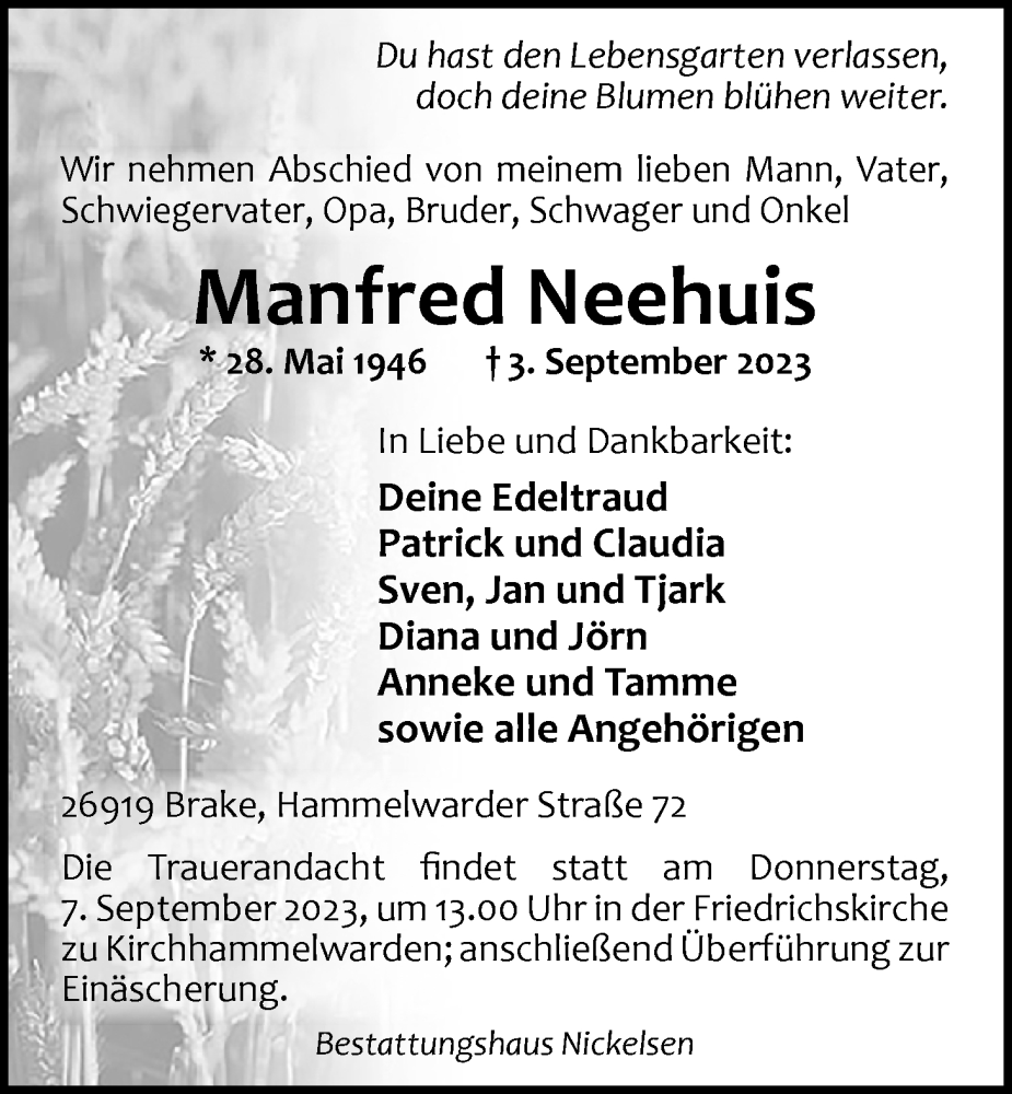  Traueranzeige für Manfred Neehuis vom 05.09.2023 aus Nordwest-Zeitung