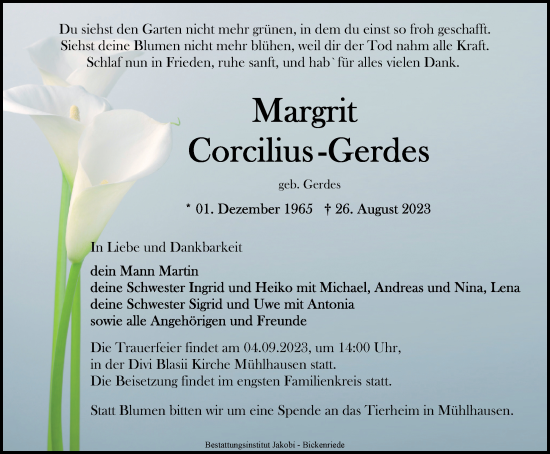 Traueranzeige von Margit Corcilius-Gerdes von Nordwest-Zeitung