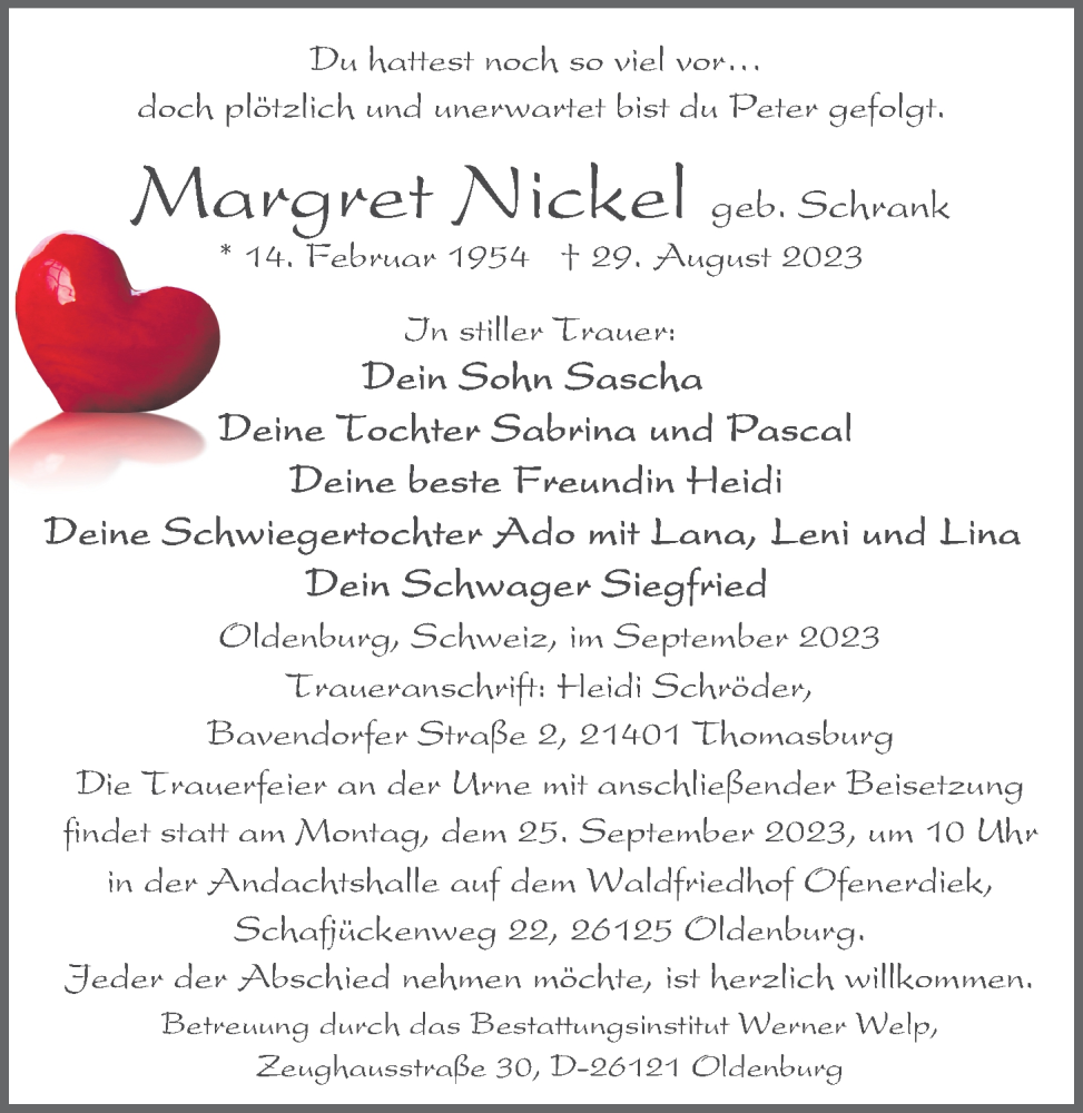  Traueranzeige für Margret Nickel vom 16.09.2023 aus Nordwest-Zeitung