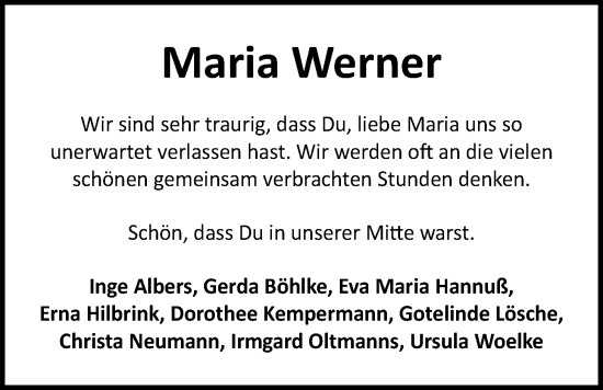 Traueranzeige von Maria Werner von Nordwest-Zeitung