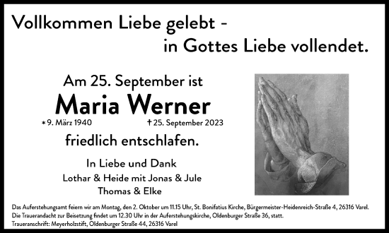Traueranzeige von Maria Werner von Nordwest-Zeitung