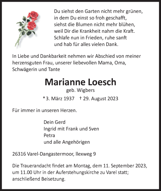 Traueranzeige von Marianne Loesch von Nordwest-Zeitung