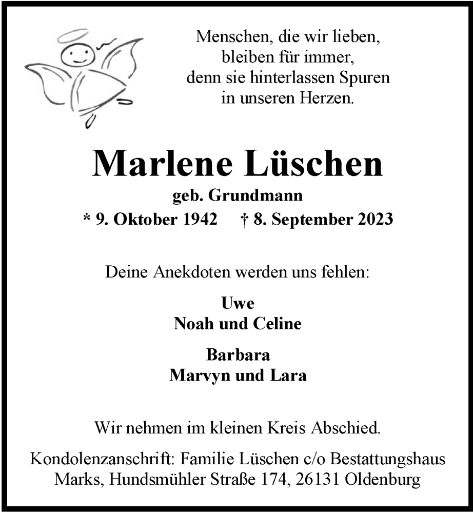  Traueranzeige für Marlene Lüschen vom 23.09.2023 aus Nordwest-Zeitung