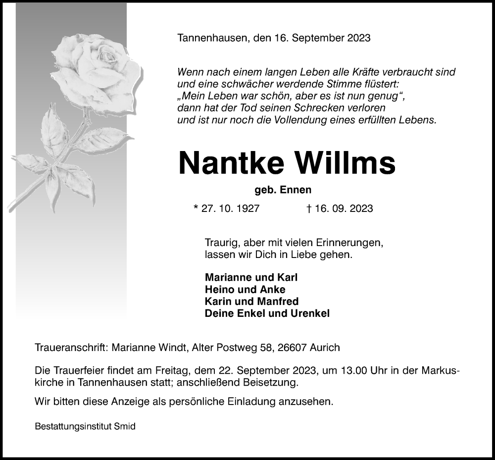  Traueranzeige für Nantke Willms vom 19.09.2023 aus WZ/JW/AH