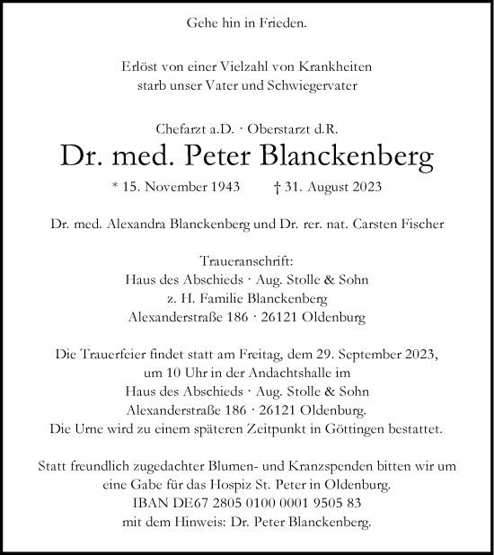 Traueranzeige von Peter Blanckenberg von Nordwest-Zeitung