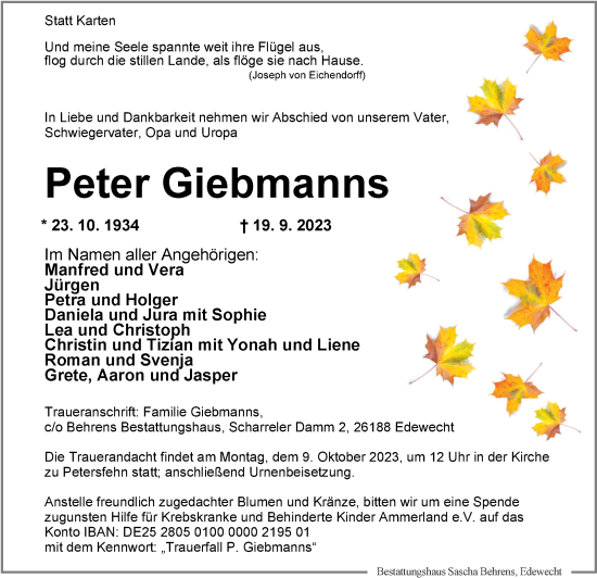 Traueranzeige von Peter Giebmanns von Nordwest-Zeitung