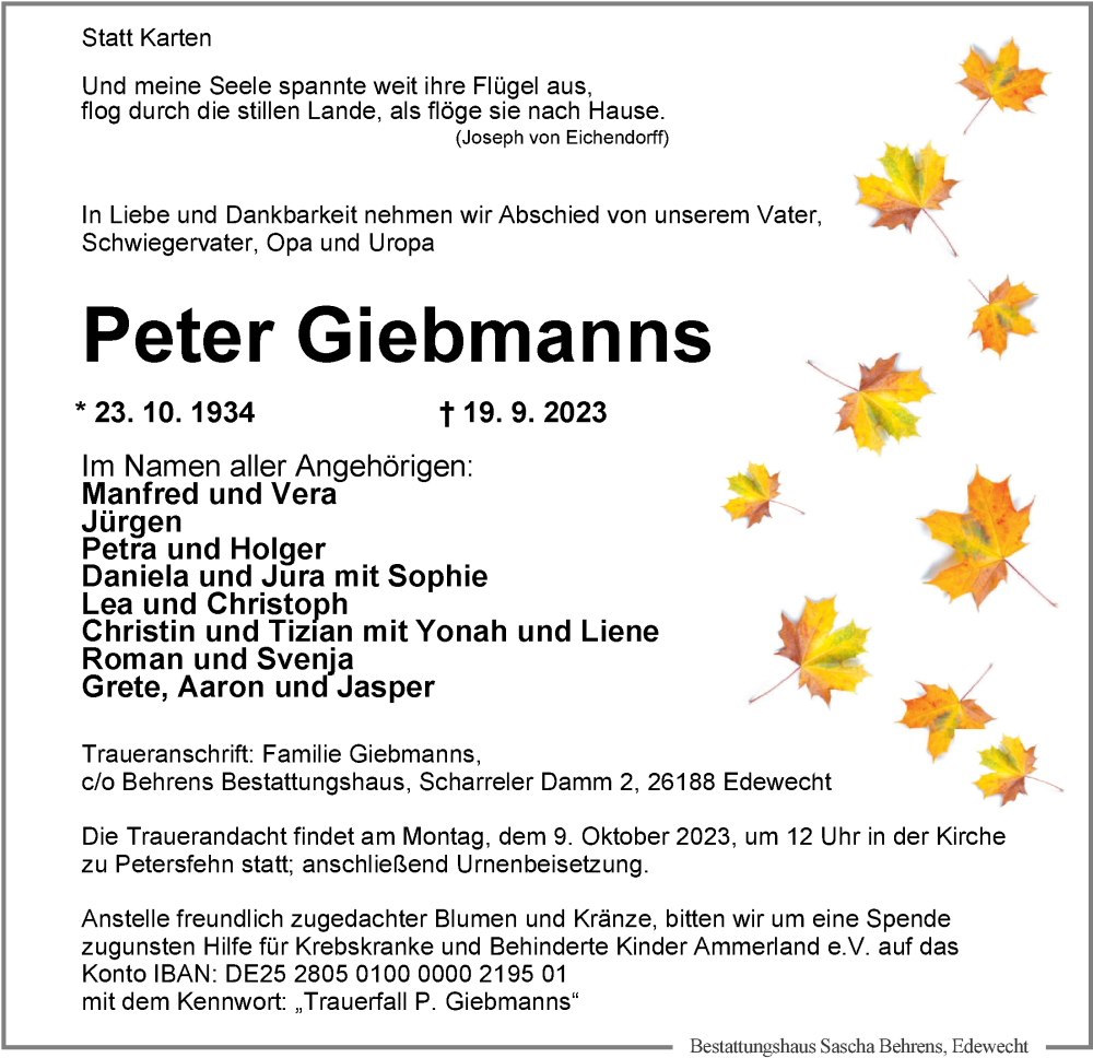  Traueranzeige für Peter Giebmanns vom 30.09.2023 aus Nordwest-Zeitung