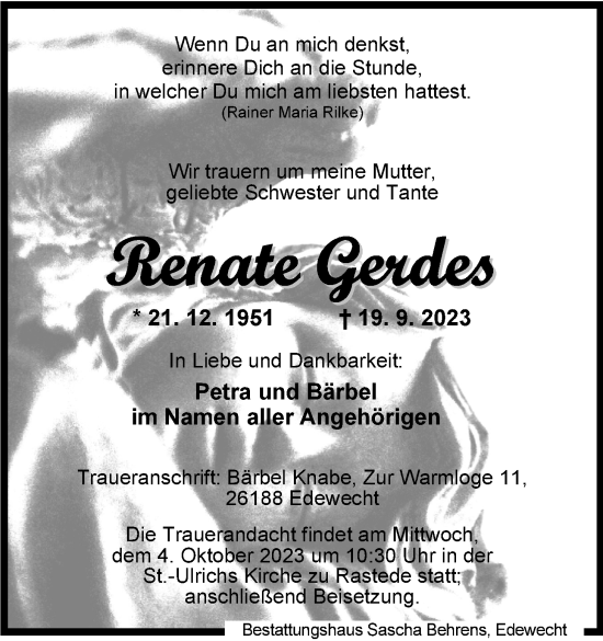 Traueranzeige von Renate Gerdes von Nordwest-Zeitung