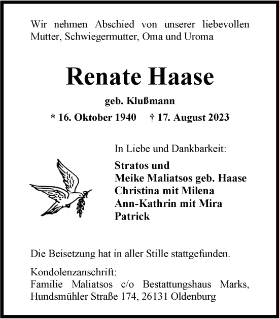 Traueranzeige von Renate Haase von Nordwest-Zeitung