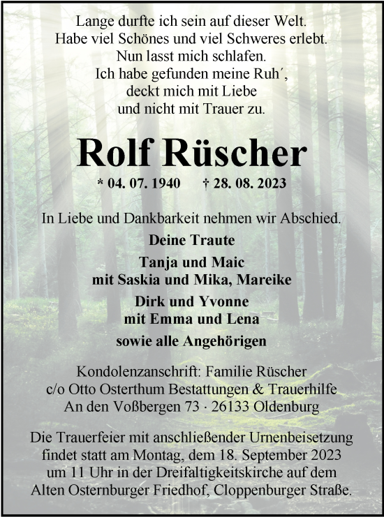 Traueranzeige von Rolf Rüscher von Nordwest-Zeitung