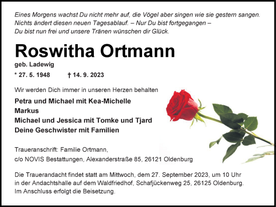 Traueranzeige von Roswitha Ortmann von Nordwest-Zeitung