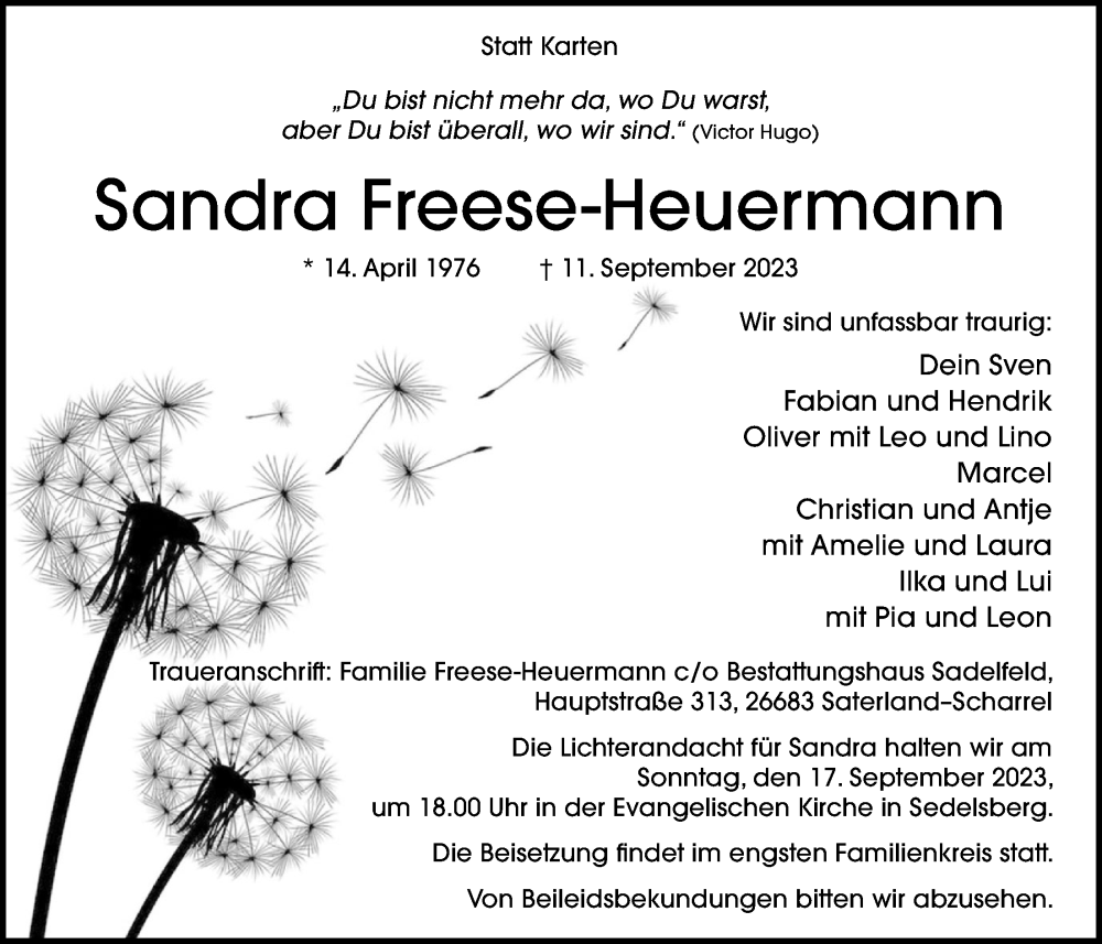  Traueranzeige für Sandra Freese-Heuermann vom 14.09.2023 aus Nordwest-Zeitung