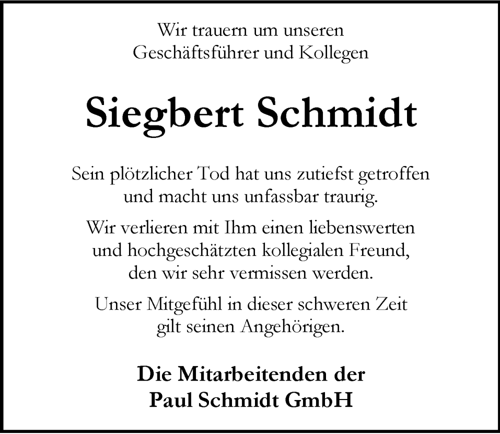  Traueranzeige für Siegbert Schmidt vom 09.09.2023 aus Nordwest-Zeitung