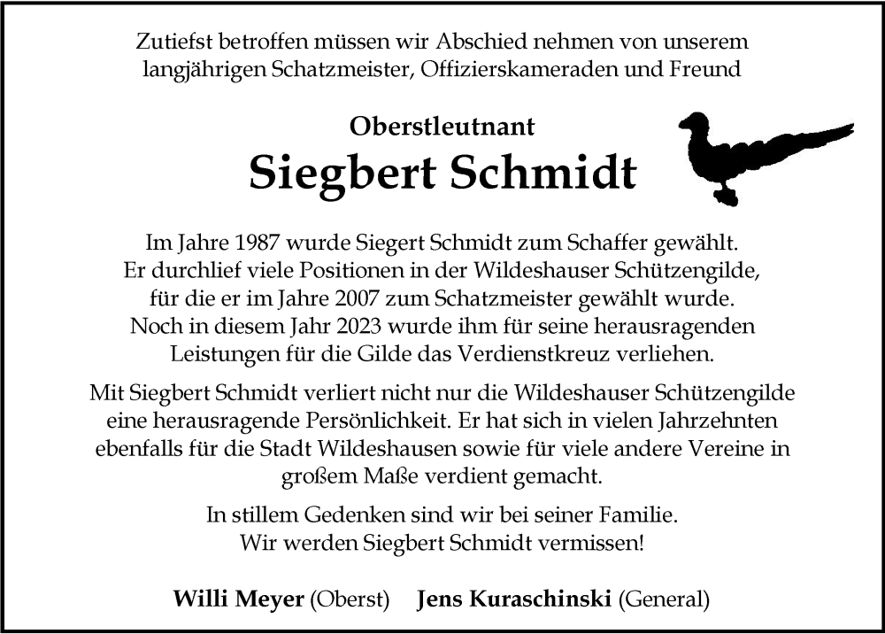  Traueranzeige für Siegbert Schmidt vom 09.09.2023 aus Nordwest-Zeitung