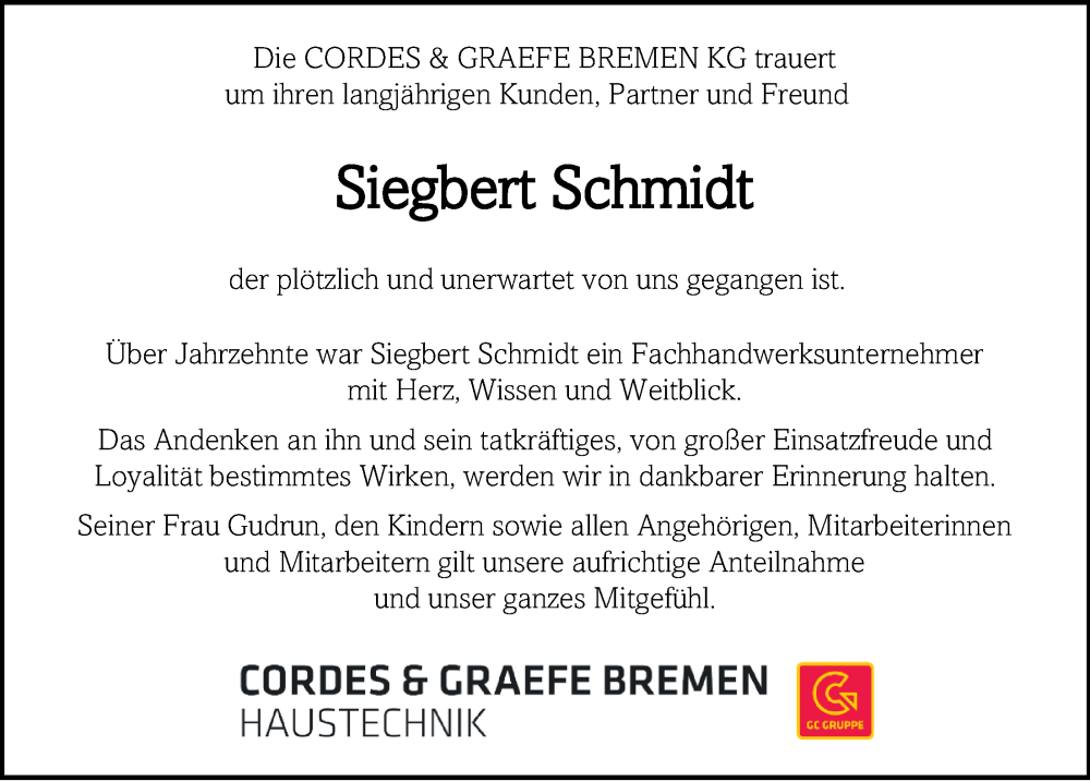  Traueranzeige für Siegbert Schmidt vom 09.09.2023 aus Nordwest-Zeitung