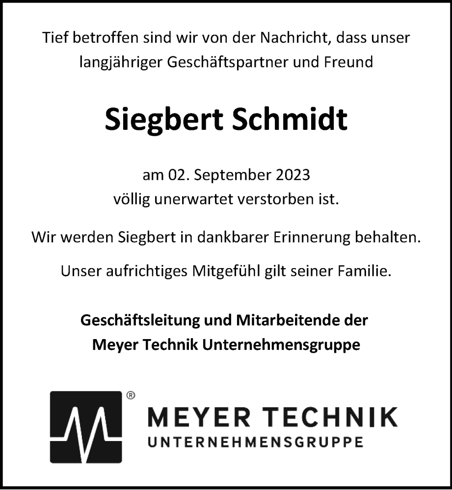  Traueranzeige für Siegbert Schmidt vom 09.09.2023 aus Nordwest-Zeitung