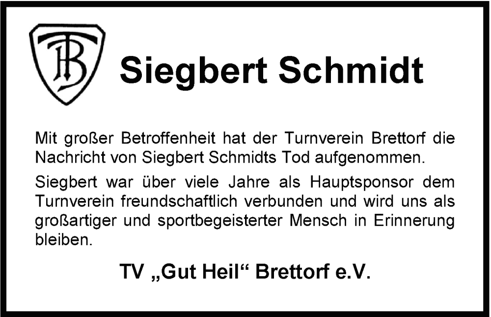  Traueranzeige für Siegbert Schmidt vom 09.09.2023 aus Nordwest-Zeitung