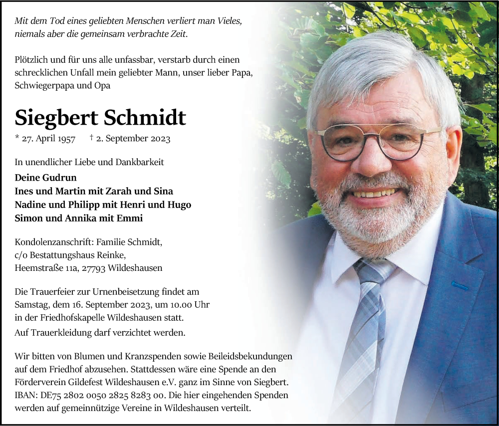  Traueranzeige für Siegbert Schmidt vom 09.09.2023 aus Nordwest-Zeitung