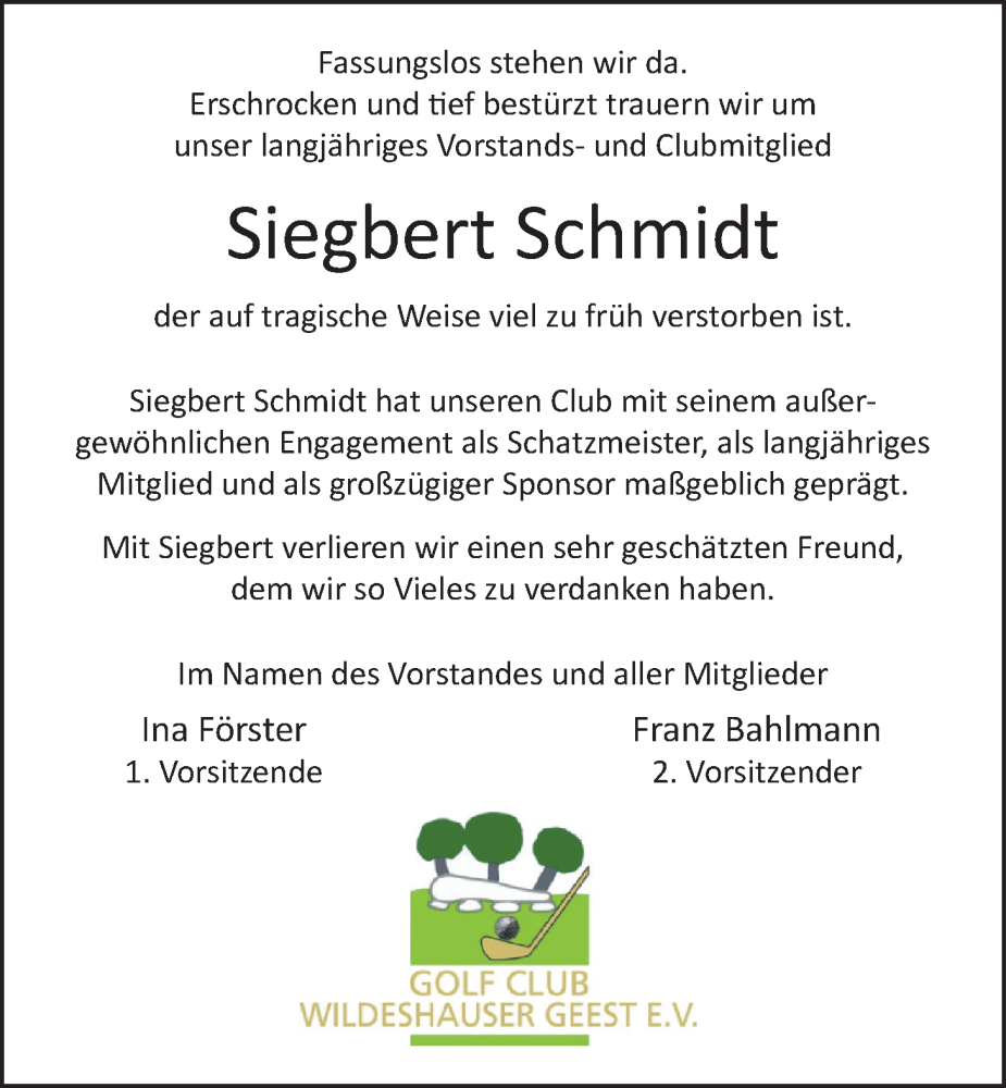  Traueranzeige für Siegbert Schmidt vom 09.09.2023 aus Nordwest-Zeitung