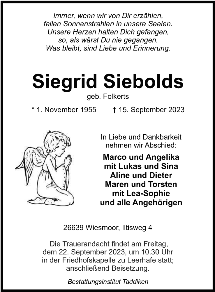  Traueranzeige für Siegrid Siebolds vom 19.09.2023 aus WZ/JW/AH