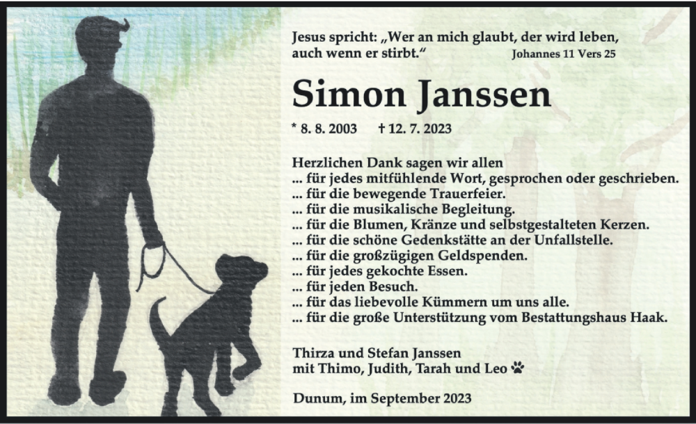 Traueranzeige für Simon Janssen vom 02.09.2023 aus WZ/JW/AH