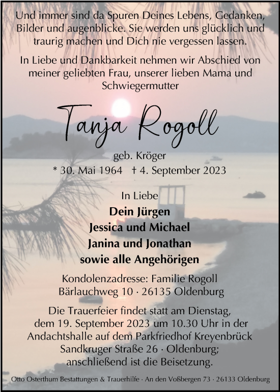 Traueranzeige von Tanja Rogoll von Nordwest-Zeitung