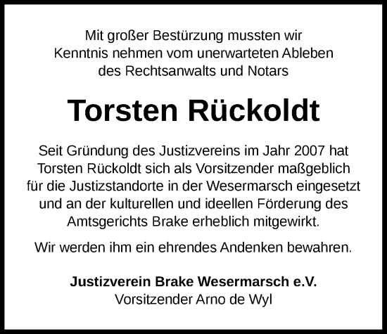 Traueranzeige von Torsten Rückoldt von Nordwest-Zeitung