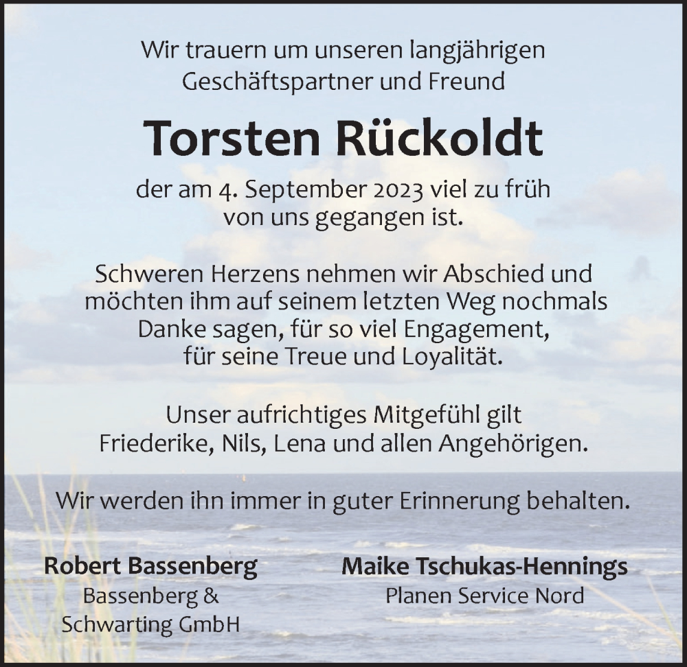  Traueranzeige für Torsten Rückoldt vom 09.09.2023 aus Nordwest-Zeitung