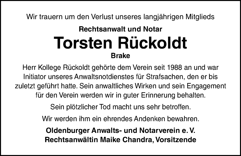  Traueranzeige für Torsten Rückoldt vom 09.09.2023 aus Nordwest-Zeitung