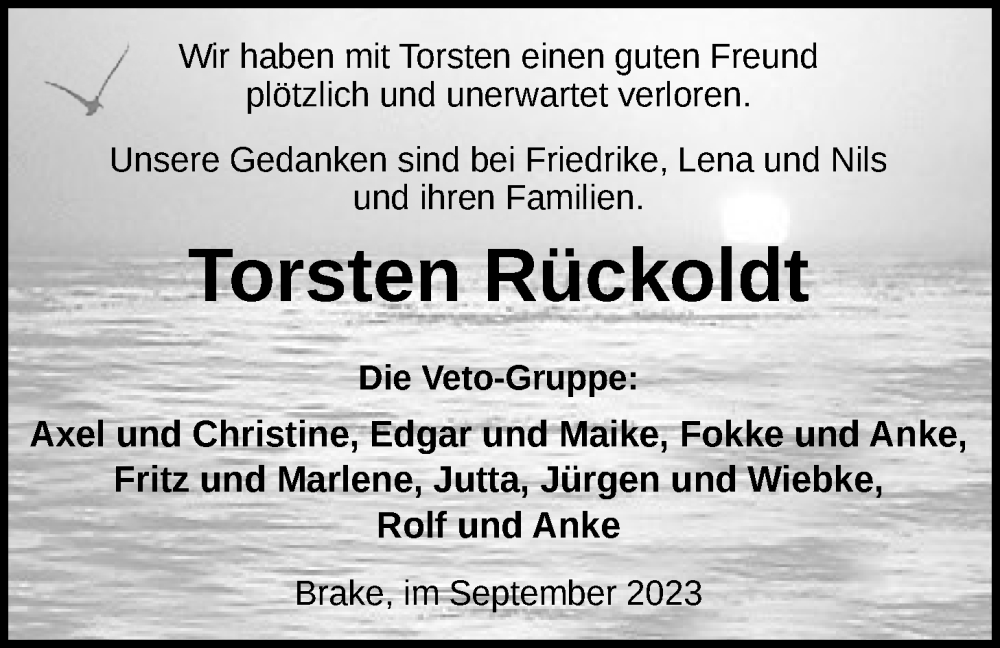  Traueranzeige für Torsten Rückoldt vom 09.09.2023 aus Nordwest-Zeitung