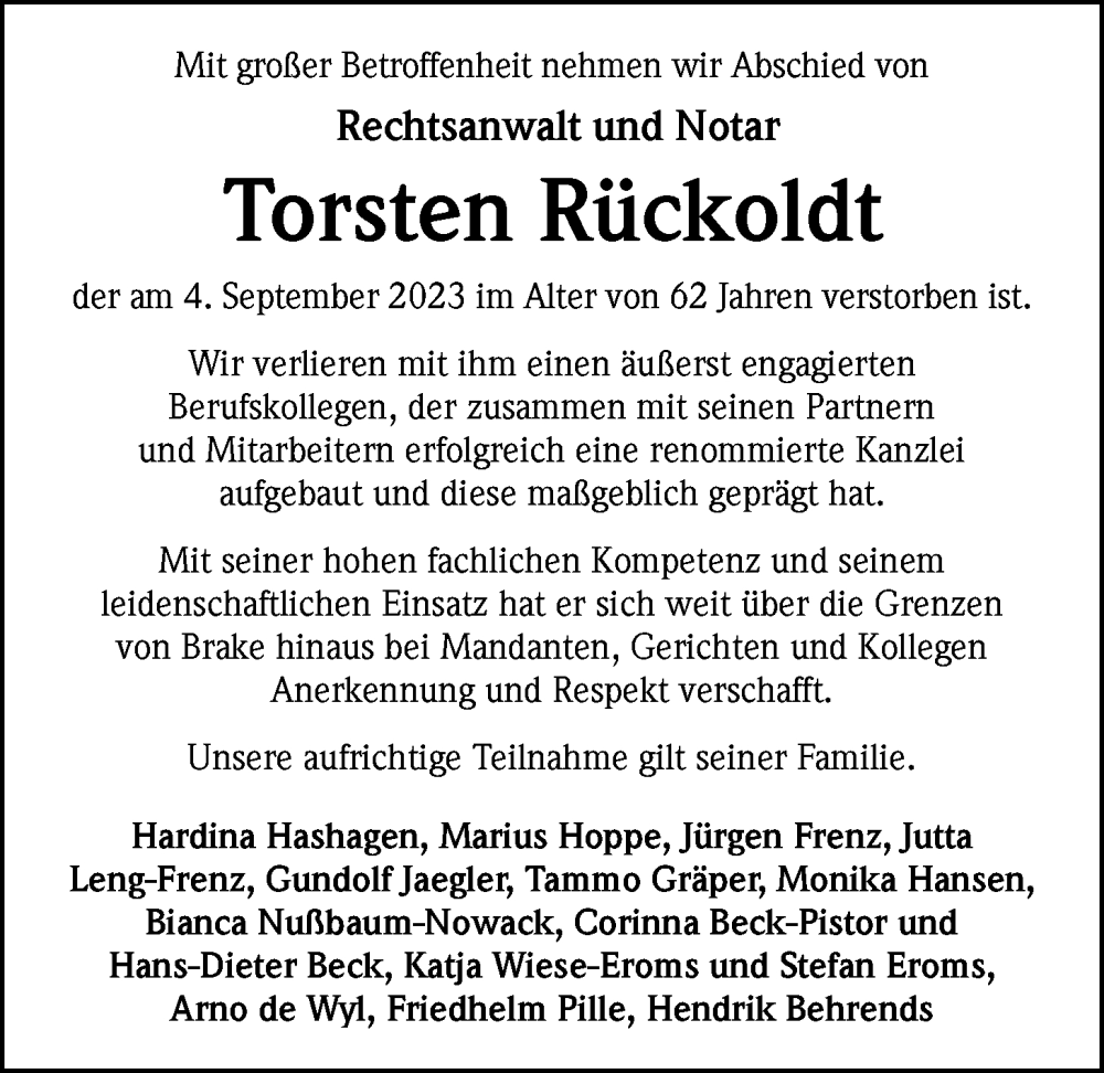  Traueranzeige für Torsten Rückoldt vom 09.09.2023 aus Nordwest-Zeitung