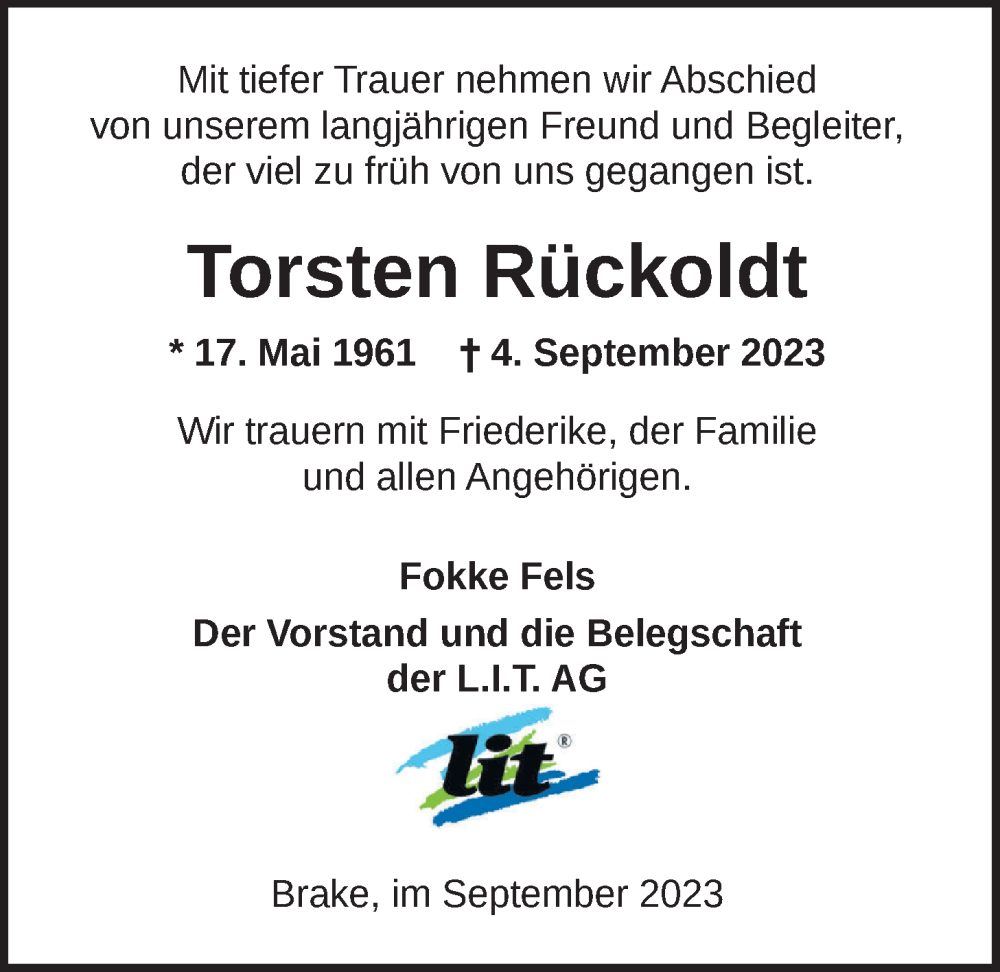  Traueranzeige für Torsten Rückoldt vom 09.09.2023 aus Nordwest-Zeitung