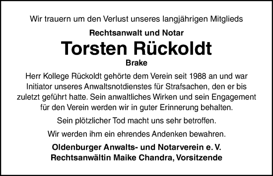 Traueranzeige von Torsten Rückoldt von Nordwest-Zeitung