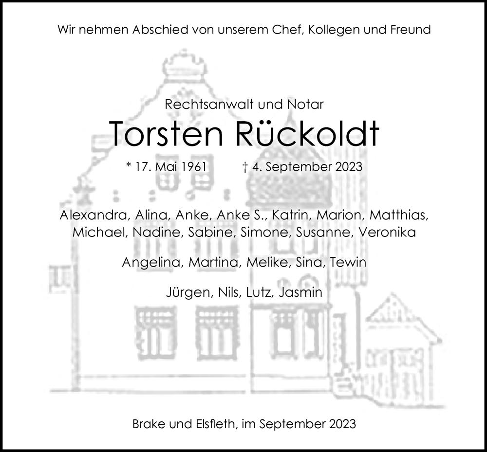  Traueranzeige für Torsten Rückoldt vom 09.09.2023 aus Nordwest-Zeitung