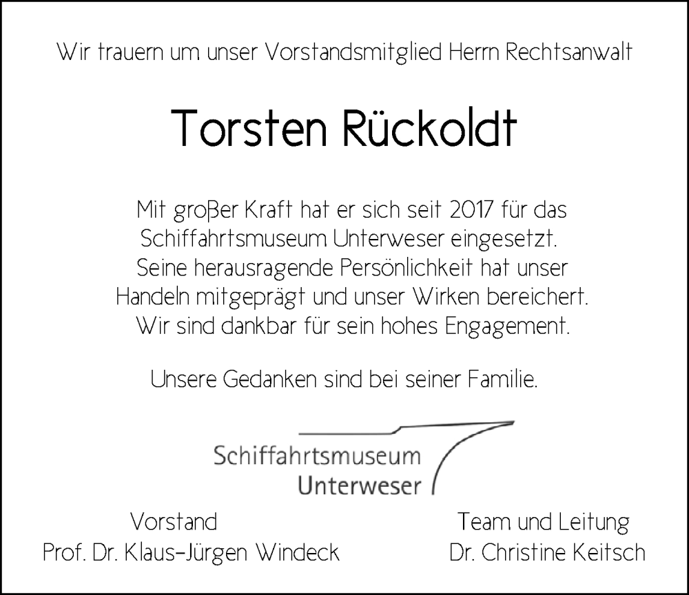  Traueranzeige für Torsten Rückoldt vom 09.09.2023 aus Nordwest-Zeitung