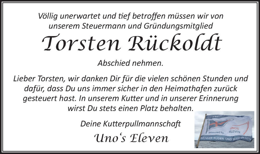  Traueranzeige für Torsten Rückoldt vom 09.09.2023 aus Nordwest-Zeitung