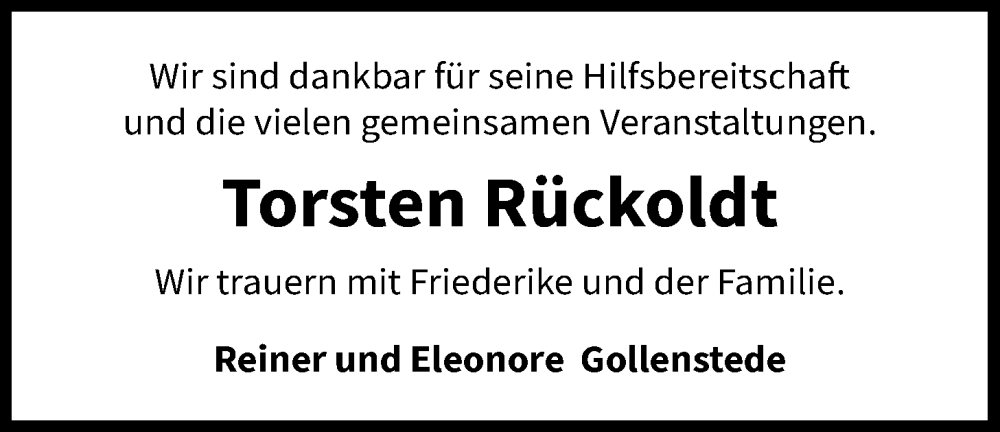  Traueranzeige für Torsten Rückoldt vom 13.09.2023 aus Nordwest-Zeitung