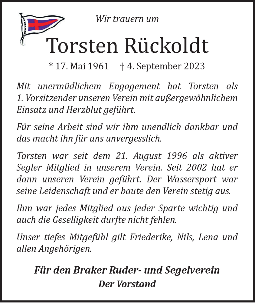  Traueranzeige für Torsten Rückoldt vom 09.09.2023 aus Nordwest-Zeitung