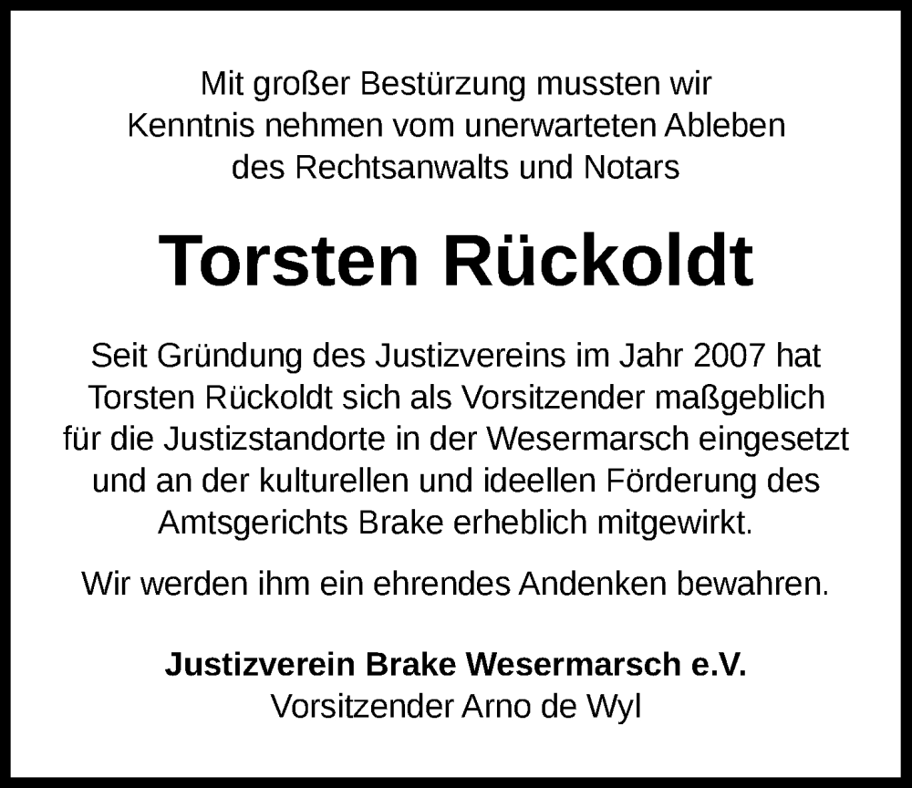  Traueranzeige für Torsten Rückoldt vom 09.09.2023 aus Nordwest-Zeitung