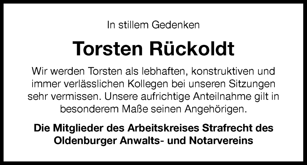  Traueranzeige für Torsten Rückoldt vom 13.09.2023 aus Nordwest-Zeitung