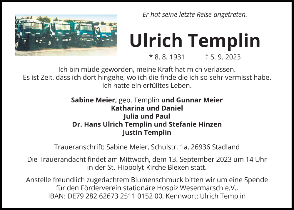  Traueranzeige für Ulrich Templin vom 09.09.2023 aus Nordwest-Zeitung